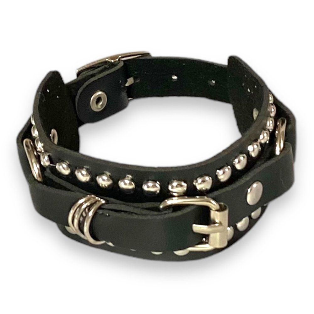 Black Leather Silver Rivets Studded Multi Buckles Cuff Bracelet NEW